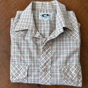 Roper Shirt Mens Large Beige Plaid Western Pearl Snaps Grid Pockets Long Sleeves